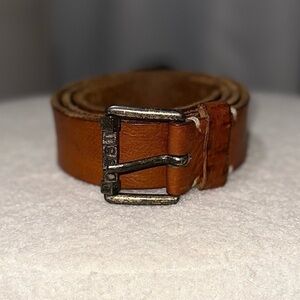 Fossil Genuine Leather Boho Belt Brass Logo Metal Buckle Hardware Unique L